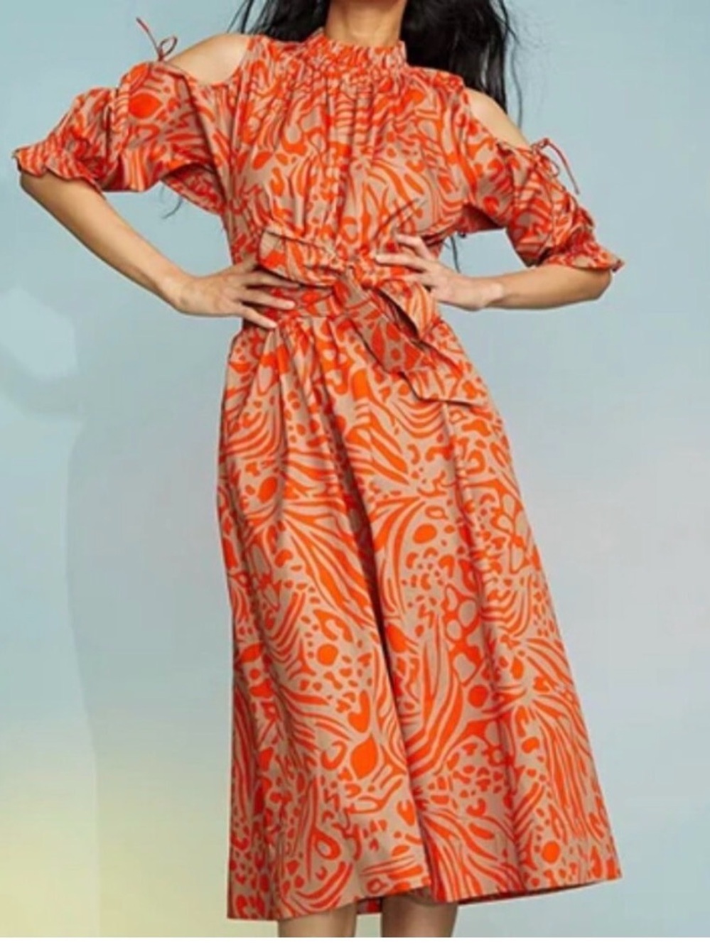 Cynthia Rowley Orange Camel Animal Printed open shoulder dress